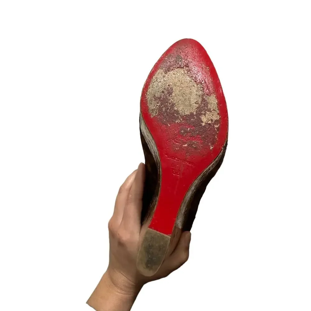 Christian Louboutin coroclic peep toe pony hair animal print wedges size 38 - Picture 7 of 8